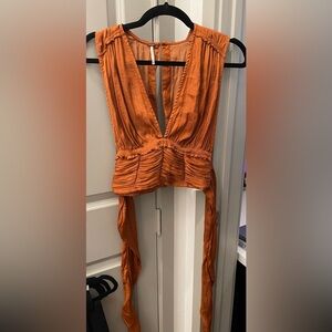 Free People - Petite XS Rustic Orange Bow Tie Blouse